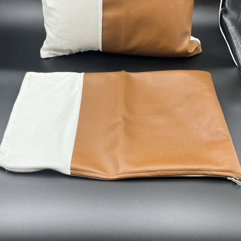 WOVEN NOOK Zulu Down Pillow  & Cover Brown White Square‎ Cotton Faux Leather